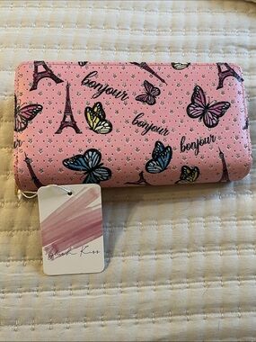 Blush Kiss Double Zipper Wallet Sparkle French Design Butterflies NWT Gift Idea